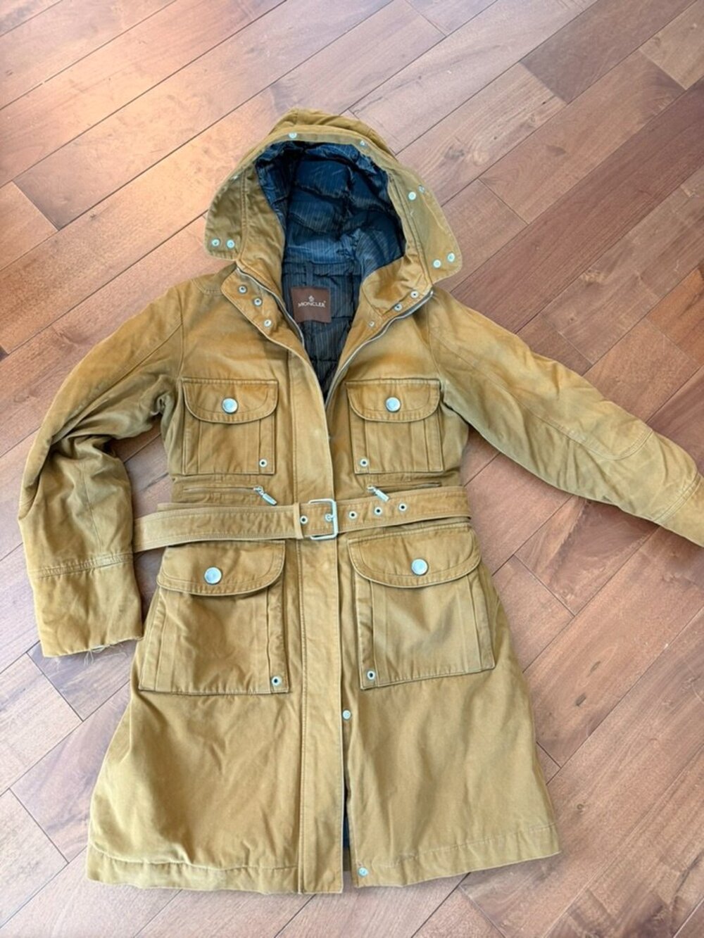 Moncler Women’s Belted Hooded Utility Coat Jacket Size 3 Camel Brown Vintage